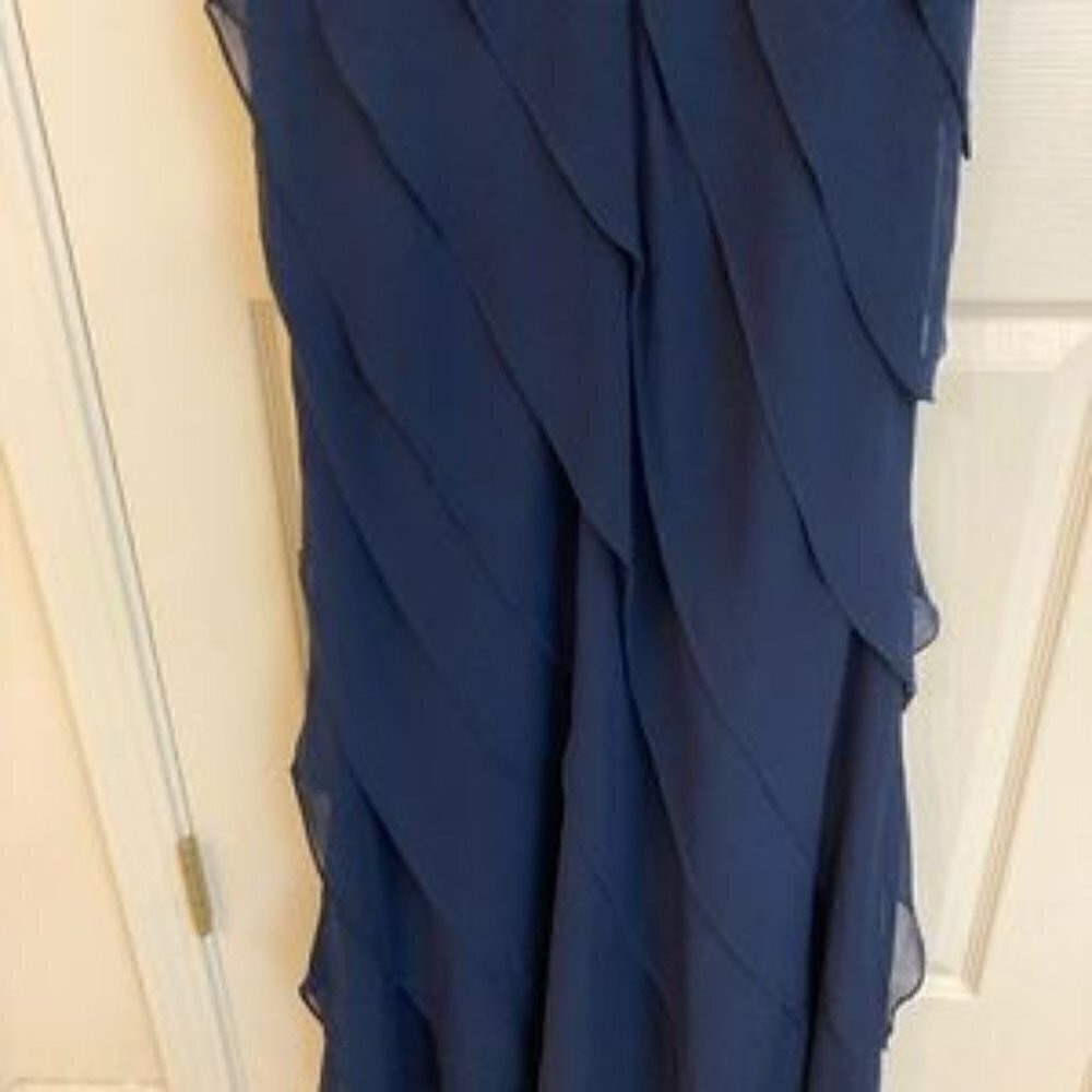 Xscape Embroidered Cap Sleeve Sweetheart Neckline Tiered Gown in Navy/Silver - Picture 13 of 14